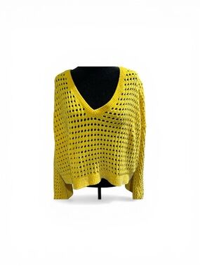 Express Yellow Open-Knit V-Neck Sweater
